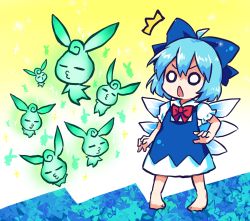 Rule 34 | 1girl, ^^^, ahoge, barefoot, blue bow, blue dress, blue hair, bow, cirno, collared shirt, dress, fairy, hair between eyes, hair bow, highres, ice, ice wings, nintendo, o o, open mouth, pote (ptkan), puffy short sleeves, puffy sleeves, shirt, short hair, short sleeves, solo, stray fairy, the legend of zelda, the legend of zelda: majora&#039;s mask, touhou, white shirt, wings