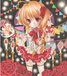 Rule 34 | 1girl, ahoge, alternate costume, alternate hair color, arm up, ascot, bare shoulders, candle, candlestand, elbow gloves, female focus, fire, flandre scarlet, flower, food, fork, frills, fruit, gloves, hair flower, hair ornament, light smile, looking at viewer, mizame, no headwear, no headwear, orange hair, pastry, plate, red eyes, red flower, red rose, rose, shikishi, shirt, short hair, side ponytail, skirt, sky, sleeveless, sleeveless shirt, solo, stained glass, standing, star (sky), starry sky, strawberry, thighhighs, touhou, whipped cream, white thighhighs, window, wings