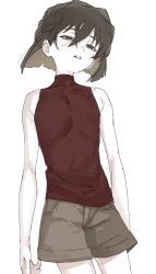 Rule 34 | 1girl, arms at sides, bare arms, bare shoulders, blue eyes, blunt ends, brown hair, brown shorts, covered collarbone, cowboy shot, crossed bangs, flat chest, haibara ai, hair between eyes, half-closed eyes, highres, kawatiw, meitantei conan, parted lips, red shirt, shirt, short hair, short shorts, shorts, simple background, sleeveless, sleeveless shirt, sleeveless turtleneck, solo, turtleneck, white background