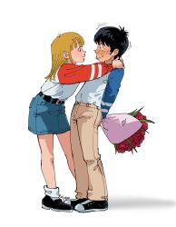 1boy 1girl absurdres belt black_belt black_hair blonde_hair blush bouquet brown_pantyhose commentary denim denim_skirt english_commentary flower frown hands_on_another&#039;s_shoulders hetero highres holding holding_bouquet kyokyeo miniskirt motion_lines nervous_sweating oozora_hibari pantyhose red_flower red_rose rose sakamoto_kousaku shoes skirt smile sneakers stop!!_hibari-kun! sweat