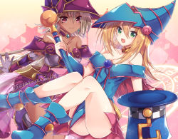 Rule 34 | 2girls, apprentice illusion magician, bare shoulders, blonde hair, blue footwear, breasts, cleavage, dark-skinned female, dark magician girl, dark skin, dress, duel monster, elbow gloves, gloves, green eyes, highres, holding, holding wand, jyon104, large breasts, long hair, magical hats (yu-gi-oh!), multiple girls, off-shoulder dress, off shoulder, open mouth, pentacle, red eyes, silver hair, wand, yu-gi-oh!, yu-gi-oh! duel monsters