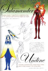 Rule 34 | 2girls, blue hair, cape, character name, concept art, drag-on dragoon, drag-on dragoon 1, fire, fujisaka kimihiko, full body, long hair, multiple girls, non-web source, official art, page number, red hair, sidelocks, simple background, standing, very long hair, white background