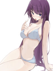 1girl absurdres ass bare_arms bare_legs bare_shoulders blue_eyes blunt_bangs blush bra breasts deko_morii feet_out_of_frame hand_on_own_chest head_out_of_frame highres large_breasts long_hair medium_breasts monogatari_(series) narrow_waist navel out_of_frame panties print_bra print_panties purple_hair raised_eyebrows senjougahara_hitagi simple_background sitting straight_hair thighs tongue tongue_out underwear white_background white_bra white_panties