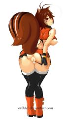 Rule 34 | 1girl, animal ears, antenna hair, anus, arc system works, ass, ass grab, back, bent over, black panties, black thighhighs, blazblue, blazblue: continuum shift, blush, boots, breasts, brown hair, cleft of venus, clothes lift, clothing aside, crop top, deep skin, evil-dei, fingerless gloves, from behind, g-string, gloves, grabbing own ass, highleg, highleg panties, highres, large breasts, looking back, makoto nanaya, microskirt, nipples, orange skirt, panties, panties aside, pigeon-toed, pussy, red eyes, shirt lift, short hair, skirt, solo, spread ass, squirrel ears, squirrel tail, tail, thigh gap, thighhighs, thong, uncensored, underwear, watermark, web address