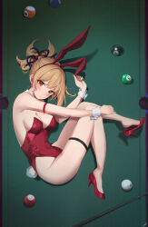 Rule 34 | 1girl, absurdres, alternate costume, animal ears, arm strap, ball, bare shoulders, billiard ball, blonde hair, breasts, covered navel, cue stick, detached collar, fake animal ears, feint721, fetal position, genshin impact, hair ornament, hairband, high heels, highleg, highleg leotard, highres, leotard, long hair, looking at viewer, lying, medium breasts, nail polish, on side, orange eyes, parted lips, playboy bunny, ponytail, pool table, rabbit ears, red footwear, red hairband, red leotard, shoe dangle, solo, strapless, strapless leotard, table, thigh strap, thighs, wrist cuffs, yoimiya (genshin impact)