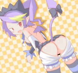 Rule 34 | 1girl, alys levantine, anus, ass, attouteki yuugi mugen souls, bad id, bad pixiv id, bar censor, bent over, bloomers, censored, demon tail, looking back, pointy ears, purple hair, pussy, red eyes, renden, side ponytail, solo, tail, thighhighs, underwear, white bloomers, wings