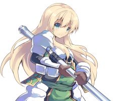 Rule 34 | 1girl, armor, blonde hair, blush, character request, copyright request, highres, long hair, looking at viewer, normaland, polearm, smile, solo, spear, weapon, white background