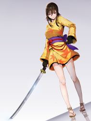 Rule 34 | 1girl, absurdres, bare legs, black gloves, brown hair, closed mouth, dutch angle, expressionless, fingerless gloves, from below, full body, gloves, gradient background, grey background, hair between eyes, highres, holding, holding sword, holding weapon, japanese clothes, katana, kimono, leaf print, long sleeves, looking at viewer, looking down, maple leaf print, obi, original, print kimono, red eyes, red ribbon, reflection, reflective floor, ribbon, sandals, sash, short hair with long locks, short kimono, sidelocks, solo, standing, sword, tight (ohmygod), toenails, tsurime, wakizashi, weapon, yellow kimono