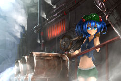 Rule 34 | 1girl, bare shoulders, blue eyes, blue hair, breasts, brown gloves, can, collarbone, factory, gears, gloves, groin, hachidori tou, hair bobbles, hair ornament, hand up, hat, highres, industrial, kawashiro nitori, matching hair/eyes, midriff, navel, sewer, shorts, smoke, solo, steam, sweat, tank top, touhou, twintails, two side up, valve, water