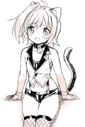 Rule 34 | 10s, 1boy, ahoge, animal ears, bad id, bad pixiv id, bell, blush, cardfight!! vanguard, cat boy, cat ears, cat tail, chawanmushi (ebikamaboko), collar, crossdressing, fang, fishnets, male focus, monochrome, neck bell, open mouth, sendou aichi, short hair, simple background, solo, tail, thighhighs, trap, white background