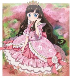 Rule 34 | 1girl, beads, blue eyes, blunt bangs, blush, border, bow, brown hair, closed mouth, commentary request, crown, curly hair, dress, edamame (buruburu), fang, floral print, frilled dress, frilled sleeves, frills, hand up, highres, kurosu aroma, long hair, looking at viewer, pink bow, pink dress, pretty series, pripara, shy, smile, solo, very long hair, white border