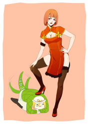 Rule 34 | 1boy, 1girl, alternate costume, caicai (cafacaicai), china dress, chinese clothes, cleavage cutout, clothing cutout, diego brando, dress, femdom, fur trim, high heels, hot pants (sbr), human furniture, jojo no kimyou na bouken, no panties, pelvic curtain, red hair, scary monsters (stand), stand (jojo), steel ball run, tail, tail wagging, thighhighs