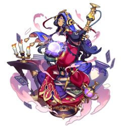 Rule 34 | 1girl, ball, book, breasts, candle, candlestand, card, crystal ball, dark-skinned female, dark skin, dragalia lost, dress, facial mark, forehead mark, full body, green eyes, holding, holding staff, lamp, large breasts, non-web source, official art, orb, saitou naoki, solo, staff, transparent background, vase, verica