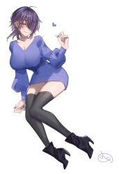 Rule 34 | black footwear, black thighhighs, blue dress, breasts, cleavage, dress, eyepatch, high heels, highres, invisible chair, kantai collection, large breasts, mizoredama1, purple hair, short hair, simple background, sitting, smile, sweater, sweater dress, tenryuu (kancolle), thighhighs, white background, yellow eyes