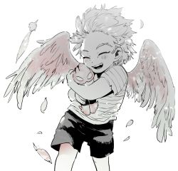 Rule 34 | 1boy, ^ ^, ^o^, aged down, boku no hero academia, character doll, closed eyes, commentary request, endeavor (boku no hero academia), feathered wings, feathers, forehead, greyscale, hawks (boku no hero academia), highres, hugging object, male focus, monochrome, shirt, short sleeves, shorts, solo, spot color, striped clothes, striped shirt, stuffed toy, t-shirt, teeth, torn clothes, upper teeth only, wings, yokoyari mengo