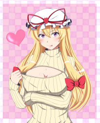 Rule 34 | 1girl, :p, absurdres, blonde hair, blush, breast rest, breasts, checkered background, cleavage, clothes tug, female focus, hat, hat ribbon, heart, highres, kyoukyan, large breasts, long hair, looking at viewer, meme attire, mob cap, open-chest sweater, purple eyes, ribbed sweater, ribbon, smile, solo, sweater, sweater tug, tongue, tongue out, touhou, turtleneck, upper body, yakumo yukari