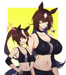 Rule 34 | +++, 2girls, animal ears, armpits, bare shoulders, black pants, black sports bra, border, bow, breasts, brown hair, cero rains, cleavage, closed eyes, collarbone, commentary request, cowboy shot, ear ornament, elbow sleeve, grimace, grin, hair between eyes, hands on own hips, height difference, highres, horse ears, horse girl, horse tail, large breasts, midriff, multicolored hair, multiple girls, navel, open mouth, pants, pink bow, ponytail, red eyes, sirius symboli (umamusume), small breasts, smile, sports bra, squiggle, streaked hair, tail, tokai teio (umamusume), umamusume, white border, white hair, yellow background