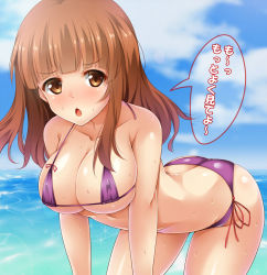 Rule 34 | &gt;:o, 10s, 1girl, :o, ass, beach, bikini, blunt bangs, breasts, brown eyes, brown hair, butt crack, chestnut mouth, covered erect nipples, day, girls und panzer, highres, kuragari, large breasts, leaning forward, long hair, looking at viewer, micro bikini, midriff, outdoors, side-tie bikini bottom, sideboob, solo, stomach, swimsuit, takebe saori, translation request, underboob, v-shaped eyebrows