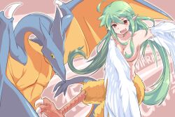 Rule 34 | 1girl, ahoge, bird legs, blush, breasts, commentary, commentary request, dragon, fang, feathered wings, feathers, green hair, hair censor, harpy, kawasumi (tk2k jade), medium breasts, monster girl, nude, open mouth, pointy ears, red eyes, sidelocks, talons, twintails, viprpg, white feathers, white wings, winged arms, wings