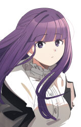 Rule 34 | 1girl, blunt bangs, breasts, closed mouth, collar, commentary request, expressionless, fern (sousou no frieren), frilled collar, frills, long hair, looking at viewer, medium breasts, purple eyes, purple hair, shida (xwheel), sidelocks, simple background, solo, sousou no frieren, straight hair, upper body, white background, wind