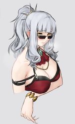 Rule 34 | 1girl, bare shoulders, bikini, blush, breasts, carmilla (fate), cleavage, ascot, curly hair, fate/grand order, fate (series), fingernails, grey background, grey hair, hair ornament, highres, long hair, looking over eyewear, ponytail, sunglasses, swimsuit, yellow eyes