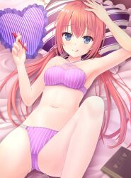 Rule 34 | 1girl, :q, arm above head, arm up, armpits, bed sheet, blue eyes, blush, book, bra, breasts, commentary request, fingernails, frilled pillow, frills, gluteal fold, hair between eyes, hair spread out, halterneck, heart, heart-shaped pillow, highres, holding, holding pen, knee up, long fingernails, long hair, looking at viewer, low twintails, lying, medium breasts, midriff, nail polish, naughty face, navel, on back, ozato fumika, panties, pen, pillow, pink nails, purple bra, purple panties, red hair, solo, stomach, tenshi souzou re-boot!, thighs, tongue, tongue out, twintails, underwear, underwear only, xiexianglg