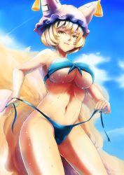 Rule 34 | 1girl, bikini, blonde hair, blue bikini, blue nails, blue sky, breasts, cleavage, cloud, collarbone, cowboy shot, day, female focus, fox tail, front-tie top, gradient background, hat, highres, large breasts, looking at viewer, multiple tails, nail polish, navel, short hair, sinzan, sky, solo, swimsuit, tail, thighs, touhou, underboob, untying, wet, yakumo ran, yellow eyes