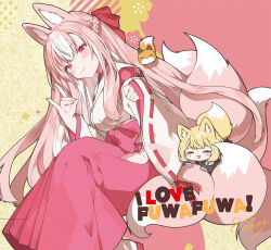 2girls animal_ear_fluff animal_ears artist_name blonde_hair bow braid closed_eyes english_text feet_out_of_frame fox fox_ears fox_girl fox_shadow_puppet fox_tail fuwafuwa-chan_(kamiyoshi_rika) hair_bow hakama hakama_skirt half_updo highres hip_vent japanese_clothes kamiyoshi_rika light_blush long_hair looking_at_viewer miko multicolored_hair multiple_girls multiple_tails okitsune-sama_(kamiyoshi_rika) original pink_eyes pink_hair pink_hakama red_bow ribbon-trimmed_sleeves ribbon_trim skirt smile tail two-tone_hair very_long_hair white_hair wide_sleeves