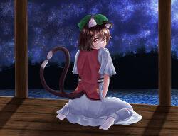 Rule 34 | 1girl, absurdres, animal ear fluff, animal ear piercing, animal ears, brown eyes, brown hair, cat ears, cat tail, chen, commentary request, double-parted bangs, dress, earrings, foul detective satori, from behind, full body, hair between eyes, hat, highres, jewelry, light smile, looking at viewer, looking back, mob cap, multiple tails, night, night sky, shadow, short hair, short sleeves, single earring, sitting, sky, solo, star (sky), tail, touhou, tree, tsubakipan, two tails, wariza, white dress