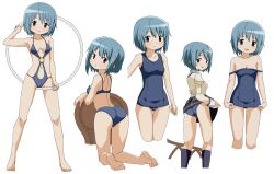Rule 34 | 1girl, arched back, ass, bare shoulders, barefoot, bikini, blue eyes, blue hair, breasts, clone, from below, highres, mahou shoujo madoka magica, medium breasts, miki sayaka, mitakihara school uniform, old school swimsuit, one-piece swimsuit, presenting, school swimsuit, school uniform, short hair, simple background, smile, swimsuit, upskirt, ussan