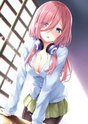 Rule 34 | 1girl, absurdres, black pantyhose, blue cardigan, blue eyes, blush, breasts, cardigan, chromatic aberration, cleavage, curtains, eyes visible through hair, go-toubun no hanayome, green skirt, hair between eyes, hair over one eye, headphones, headphones around neck, highres, indoors, karutamo, large breasts, leaning forward, light particles, long hair, long sleeves, looking at viewer, nakano miku, non-web source, open mouth, pantyhose, pink hair, pleated skirt, shirt, skirt, solo, white shirt, window