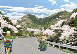 Rule 34 | 1girl, 1other, backpack, bag, bandana, bicycle, blue sky, branch, bridge, cargo net, cherry blossoms, cloud, cloudy sky, cooler, daigo fujiie, dated, day, falling petals, fingerless gloves, gloves, grass, guard rail, hair between eyes, helmet, honda super cub, jacket, limited palette, looking at another, motor vehicle, motorcycle, motorcycle helmet, mountain, mountainous horizon, multicolored clothes, multicolored jacket, net, on motorcycle, original, outdoors, petals, power lines, red bandana, riding, riding bicycle, road, scarf, scenery, signature, sky, sleeping bag, smile, sticker, thumbs up, tree, two-tone jacket, utility pole, wind