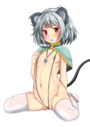 Rule 34 | 1girl, animal ears, arm behind back, blue capelet, blush, cameltoe, capelet, cleft of venus, commentary request, covered erect nipples, ebi 193, flat chest, full body, grey one-piece swimsuit, hand up, jewelry, looking at viewer, mouse ears, mouse tail, navel, nazrin, no shoes, one-piece swimsuit, open mouth, pendant, pussy, pussy peek, red eyes, revealing clothes, shiny skin, short hair, silver hair, sitting, skindentation, slingshot swimsuit, solo, stomach, swimsuit, tail, thighhighs, thighs, touhou, wariza, white thighhighs