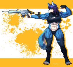 Rule 34 | 1girl, abs, ahoge, animal ears, animal feet, artist name, assault rifle, blue fur, blue hair, body fur, breasts, commission, drum magazine, finger on trigger, fingerless gloves, flexing, full body, furry, furry female, gloves, gun, h&amp;k g36, hair between eyes, highres, holding, holding gun, holding weapon, large breasts, magazine (weapon), medium hair, muscular, muscular female, navel, one glove, original, pgm300, rifle, simple background, single glove, snout, solo, standing, tail, thick thighs, thighhighs, thighs, toeless legwear, torn clothes, two-tone background, veins, watermark, weapon, white background, wolf ears, wolf girl, wolf tail, yellow background, yellow eyes