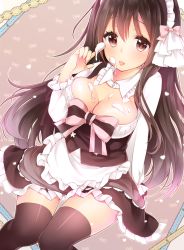 Rule 34 | 1girl, apron, black thighhighs, breasts, brown eyes, brown hair, cleavage, cream, cream on face, dress, food, food on body, food on face, long hair, maid, matching hair/eyes, mintsu (ichi--kun), original, solo, thighhighs, tongue, tongue out