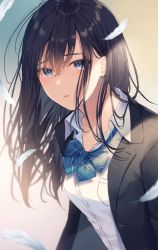 Rule 34 | 1girl, black hair, black jacket, blazer, blue eyes, blush, bow, bowtie, breast pocket, collared shirt, commentary request, dress shirt, earrings, feathers, jacket, jewelry, long hair, noda shuha, open clothes, open jacket, original, parted lips, pocket, school uniform, shirt, smile, solo, striped bow, striped bowtie, striped clothes, striped neckwear, upper body, wing collar