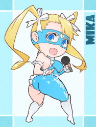 Rule 34 | 1girl, alternate costume, ass, ass cutout, asymmetrical ass, asymmetrical ass cutout, asymmetrical clothes, blonde hair, blue eyes, boots, capcom, character name, chibi, clothing cutout, from behind, hair ornament, hair ribbon, half ass, long hair, looking at viewer, looking back, mask, microphone, open mouth, rainbow mika, revealing clothes, ribbon, smile, solo, standing, street fighter, street fighter v, twintails, underboob cutout, x-t3al