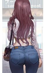 Rule 34 | 1girl, ass, back, denim, from behind, highres, jeans, long hair, midriff, original, pants, red hair, saya (mychristian2), shirt, solo, white shirt