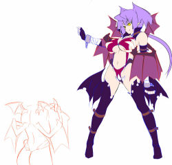Rule 34 | 1girl, bandages, black thighhighs, breasts, character request, clothing cutout, demon girl, fingerless gloves, gloves, hair intakes, large breasts, low wings, lowres, mini wings, multiple wings, navel, navel cutout, pointy ears, ponytail, potion (moudamepo), purple hair, revealing clothes, solo, thighhighs, underboob, wings, yellow eyes