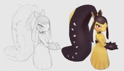 Rule 34 | 1girl, blush, bow, creatures (company), dress, full body, game freak, gen 3 pokemon, grey hair, hair bow, looking at viewer, looking to the side, mawile, multiple views, nintendo, null skull, pokemon, ponytail, red eyes, sketch, solo, standing