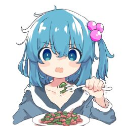 Rule 34 | 1girl, aoi tori, bell pepper, blue eyes, blue hair, blush stickers, commentary request, fork, grey shirt, hair between eyes, hair bobbles, hair ornament, hand up, highres, holding, holding fork, long sleeves, one side up, open mouth, original, pepper, plate, puffy long sleeves, puffy sleeves, shirt, simple background, solo, teru-chan (aoi tori), upper body, wavy mouth, white background