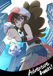 Rule 34 | 1girl, baseball cap, black vest, blue eyes, blue shorts, brown hair, building, castelia city, casteliacone, closed mouth, creatures (company), cutoffs, food, food on face, game freak, gen 5 pokemon, hair between eyes, hat, highres, hilda (pokemon), holding, holding food, holding ice cream, holding ice cream cone, ice cream, ice cream cone, long hair, looking at viewer, nintendo, open clothes, open vest, pink hat, pokemon, pokemon (creature), pokemon bw, ponytail, rascal (feuille), short shorts, shorts, sidelocks, skyscraper, smile, solo, tongue, tongue out, two-tone headwear, vanillite, vest, white hat