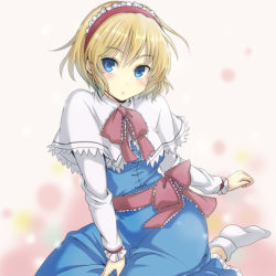 Rule 34 | 1girl, alice margatroid, between legs, blonde hair, blue eyes, blush, bow, capelet, courreges ace, dress, face, female focus, hairband, hand between legs, no shoes, short hair, sidelocks, sitting, socks, solo, touhou, white socks