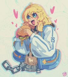Rule 34 | 1boy, artbenbeau, blonde hair, blush, bridget (guilty gear), burger, food, green eyes, guilty gear, guilty gear strive, heart, highres, holding, holding burger, holding food, long sleeves, medium hair, open mouth, smile, solo, teeth, tongue, trap, upper body, upper teeth only