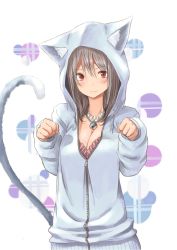 Rule 34 | 1girl, animal ears, bell, breasts, cat ears, cat tail, cleavage, highres, hood, hoodie, jingle bell, looking at viewer, original, paw pose, red eyes, rucchiifu, short hair, silver hair, simple background, smile, solo, tail, upper body