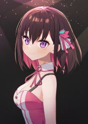 Rule 34 | 1girl, azki (3rd costume) (hololive), azki (hololive), bare shoulders, black hair, blush, breasts, cleavage, closed mouth, collar, commentary, detached collar, hair between eyes, hololive, medium breasts, multicolored hair, neck ribbon, pink hair, pink ribbon, purple eyes, ribbon, smile, solo, syhan, two-tone hair, upper body, virtual youtuber, white collar, wing collar