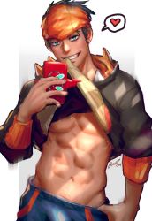 Rule 34 | 1boy, abs, bandana, black hair, black jacket, blue eyes, blue shorts, cellphone, clothes lift, cowboy shot, creatures (company), earrings, game freak, gen 4 pokemon, gradient background, greenteaa, grey background, grin, gym leader, heart, holding, holding phone, jacket, jacket lift, jewelry, lifting own clothes, long sleeves, looking at viewer, male focus, mouth hold, navel, nintendo, phone, pokemon, pokemon (creature), pokemon swsh, raihan (pokemon), rotom, rotom phone, selfie, shorts, signature, smartphone, smile, solo, speech bubble, spoken heart, stomach, stud earrings, teeth
