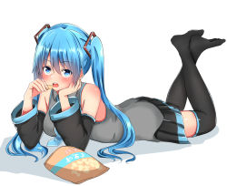 Rule 34 | 1girl, :, bag of chips, bare shoulders, baretto (karasi07), black skirt, black thighhighs, blue eyes, blue hair, chips (food), crossed ankles, detached sleeves, eating, food, full body, grey shirt, hand on own cheek, hand on own face, hatsune miku, highres, holding, holding food, long hair, long sleeves, looking at viewer, lying, miniskirt, no shoes, on stomach, open mouth, pleated skirt, round teeth, shirt, skirt, solo, tareme, teeth, thighhighs, very long hair, vocaloid, zettai ryouiki