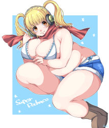 Rule 34 | 1girl, belly, blonde hair, boots, bra, breasts, brown eyes, character name, cleavage, denim, denim shorts, fat, frilled bra, frills, headphones, highres, holding, huge breasts, long hair, looking to the side, nitroplus, plump, ribbon, scarf, shorts, signature, smile, solo, super pochaco, tareme, thick arms, thick thighs, thighs, twintails, underwear, yutaka666