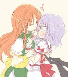 Rule 34 | 2girls, arm around back, blush, bow, braid, closed eyes, commentary request, dress, hand on another&#039;s arm, hands up, heart, holding another&#039;s wrist, hong meiling, imminent kiss, leaning forward, light purple hair, long hair, multiple girls, open mouth, pink eyes, puffy short sleeves, puffy sleeves, pushing away, pushing face, red hair, rejected kiss, remilia scarlet, satou kibi, short hair, short sleeves, sweat, touhou, twin braids, wide-eyed, wings, wrist cuffs, yuri